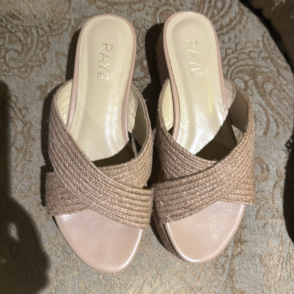RAYE Tiko Wedge Platform Woven Boho Slide Sandals in Natural from Revolve.